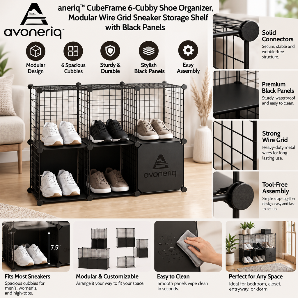 avoneriq™ CubeFrame 6-Cubby Shoe Organizer, Modular Wire Grid Sneaker Storage Shelf with Black Panels
