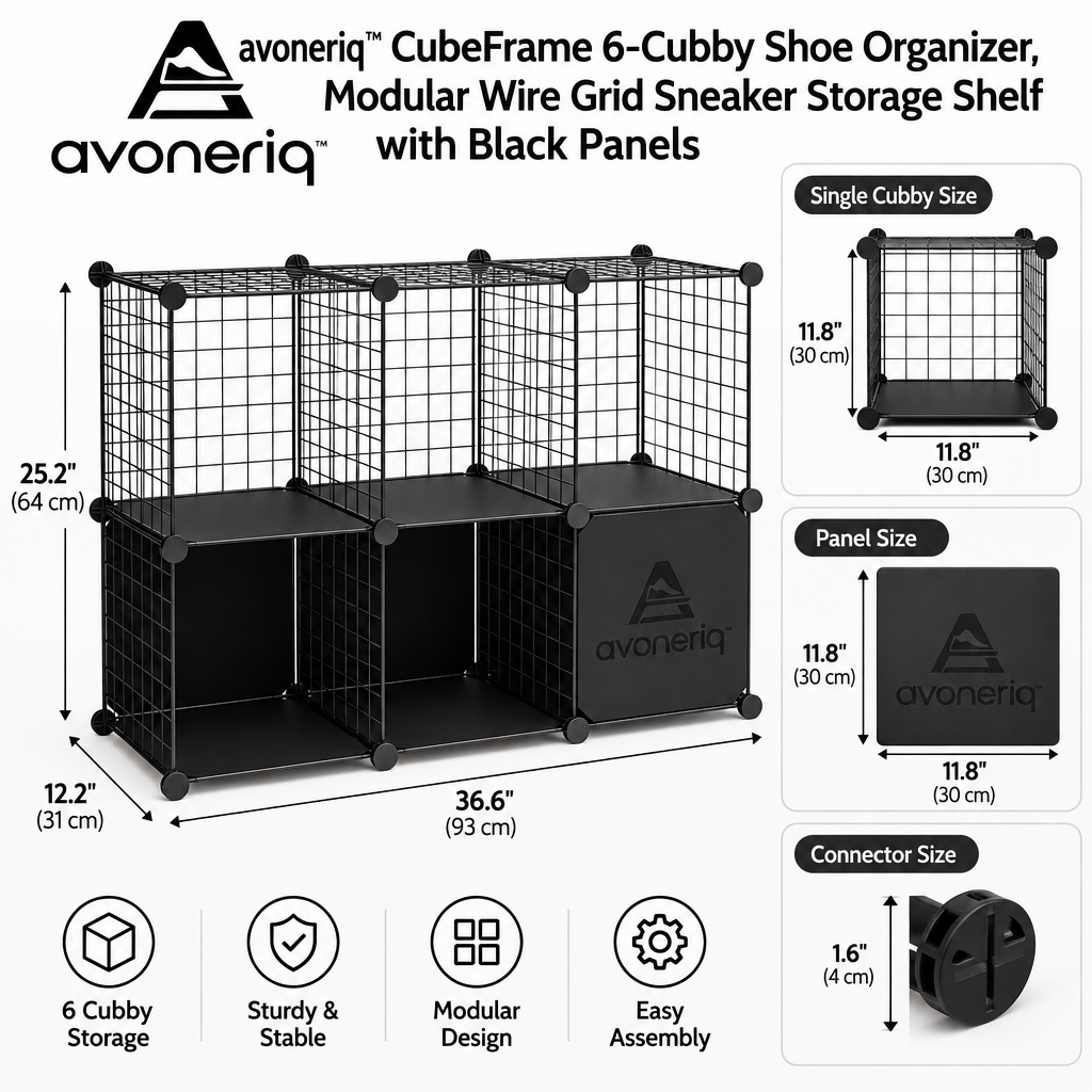 avoneriq™ CubeFrame 6-Cubby Shoe Organizer, Modular Wire Grid Sneaker Storage Shelf with Black Panels