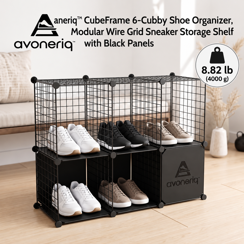 avoneriq™ CubeFrame 6-Cubby Shoe Organizer, Modular Wire Grid Sneaker Storage Shelf with Black Panels
