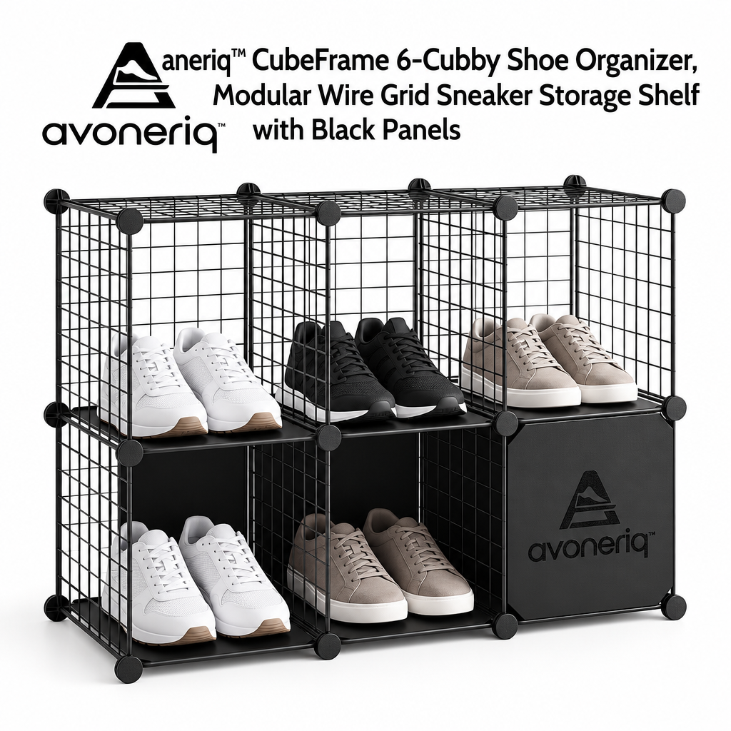 avoneriq™ CubeFrame 6-Cubby Shoe Organizer, Modular Wire Grid Sneaker Storage Shelf with Black Panels