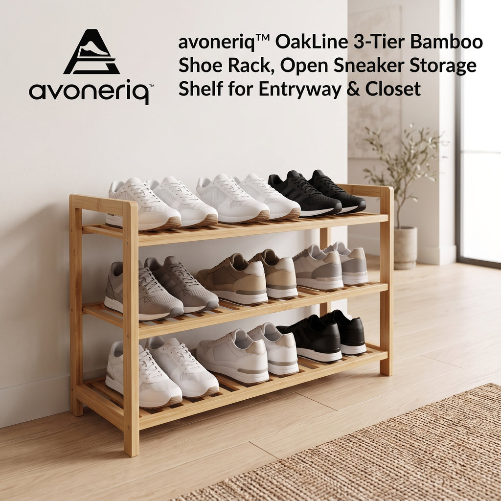avoneriq™ OakLine 3-Tier Bamboo Shoe Rack, Open Sneaker Storage Shelf for Entryway & Closet