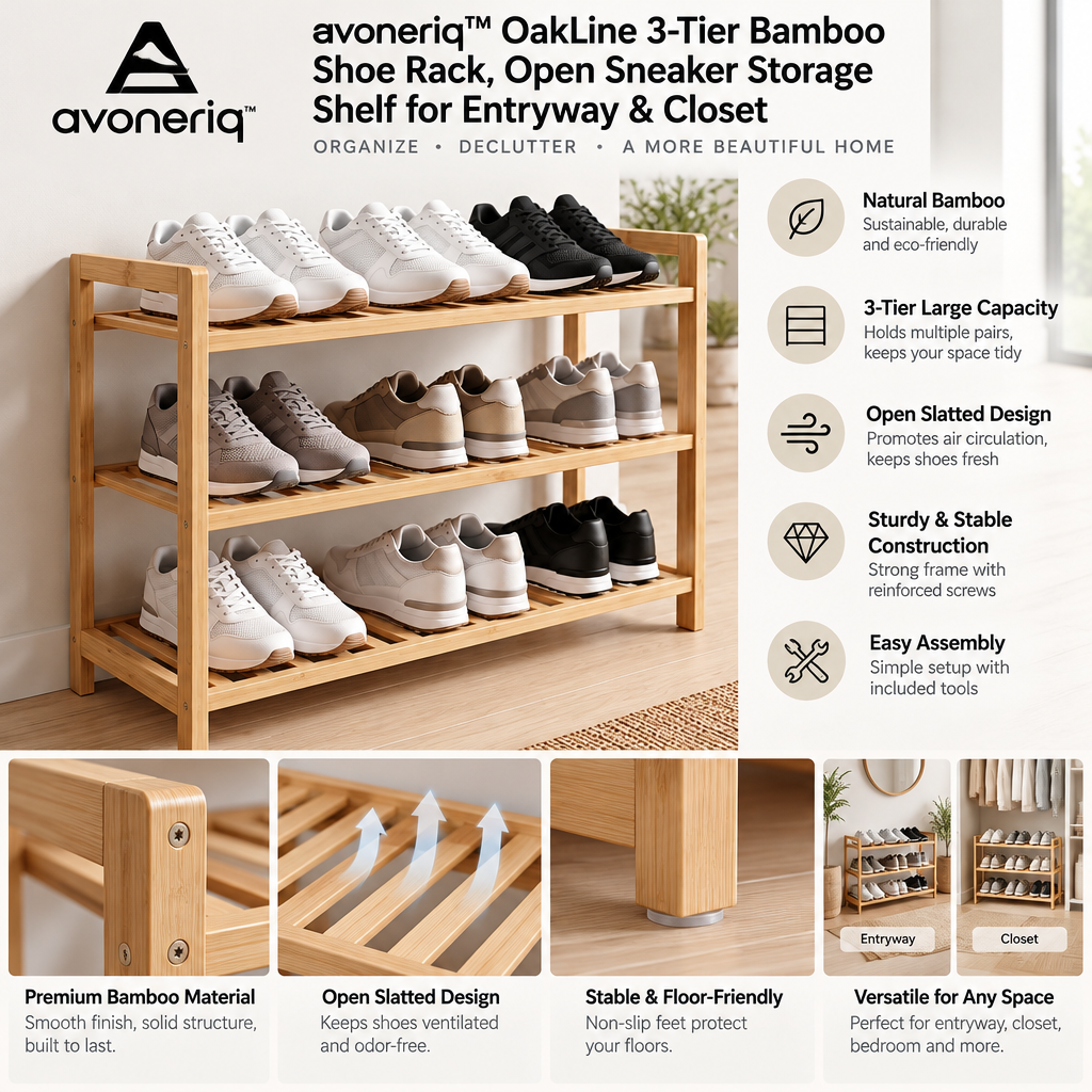 avoneriq™ OakLine 3-Tier Bamboo Shoe Rack, Open Sneaker Storage Shelf for Entryway & Closet