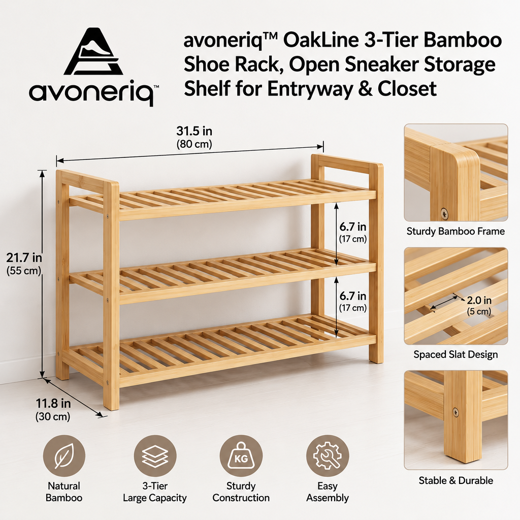 avoneriq™ OakLine 3-Tier Bamboo Shoe Rack, Open Sneaker Storage Shelf for Entryway & Closet