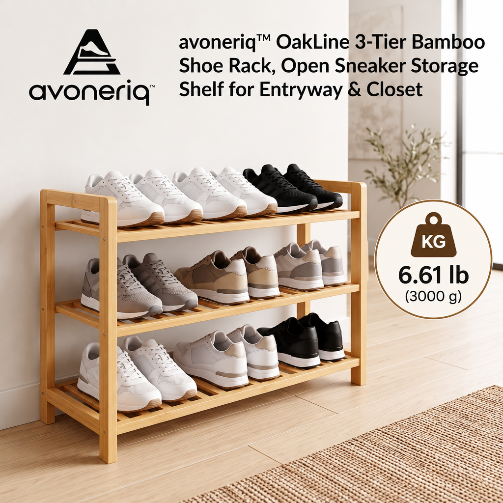 avoneriq™ OakLine 3-Tier Bamboo Shoe Rack, Open Sneaker Storage Shelf for Entryway & Closet