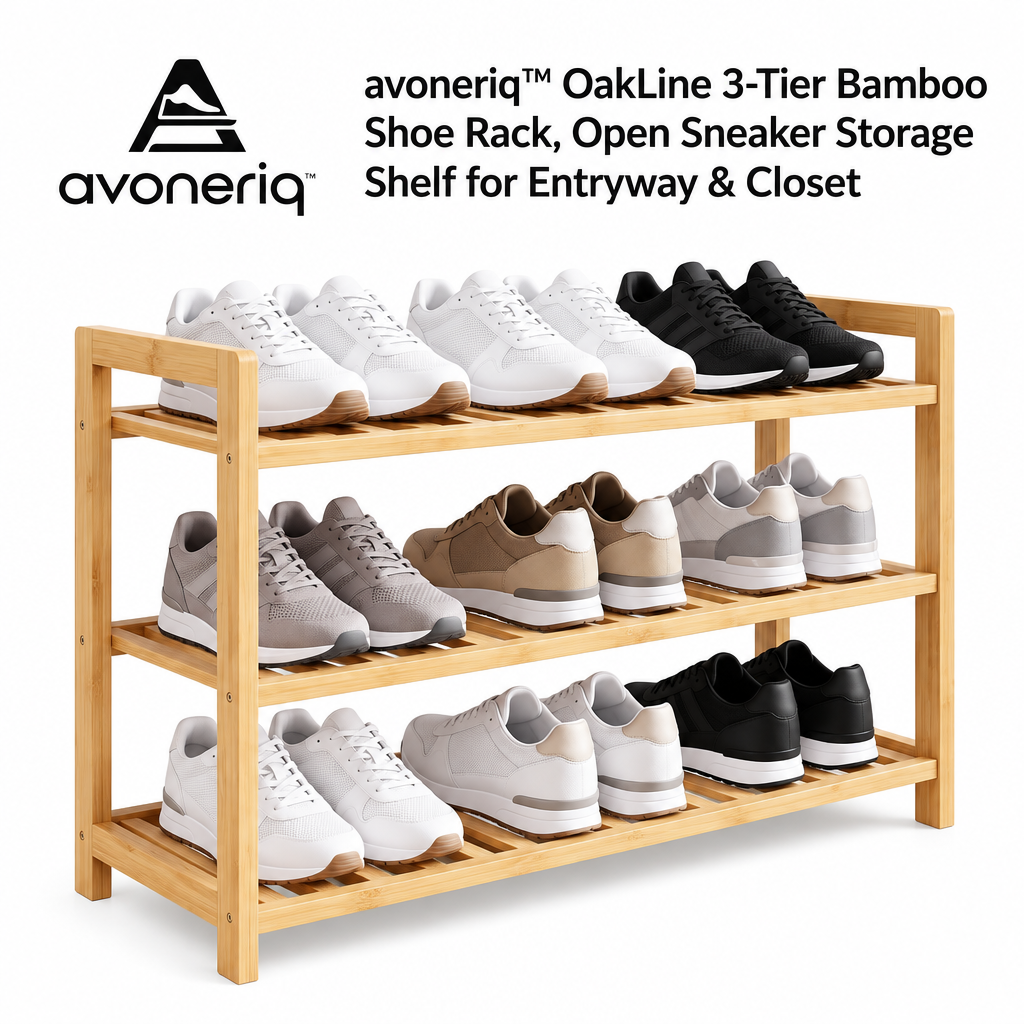 avoneriq™ OakLine 3-Tier Bamboo Shoe Rack, Open Sneaker Storage Shelf for Entryway & Closet