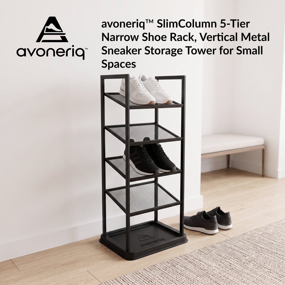 avoneriq™ SlimColumn 5-Tier Narrow Shoe Rack, Vertical Metal Sneaker Storage Tower for Small Spaces