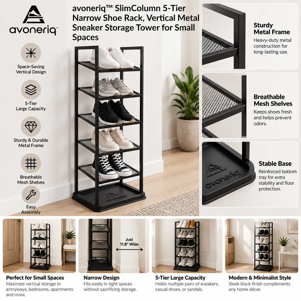 avoneriq™ SlimColumn 5-Tier Narrow Shoe Rack, Vertical Metal Sneaker Storage Tower for Small Spaces