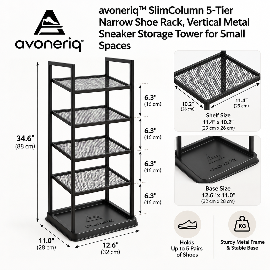 avoneriq™ SlimColumn 5-Tier Narrow Shoe Rack, Vertical Metal Sneaker Storage Tower for Small Spaces