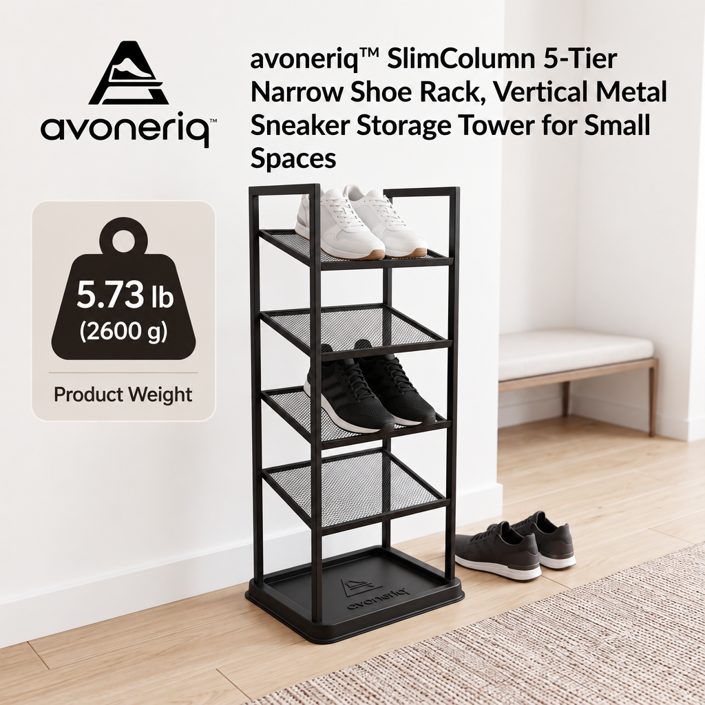 avoneriq™ SlimColumn 5-Tier Narrow Shoe Rack, Vertical Metal Sneaker Storage Tower for Small Spaces