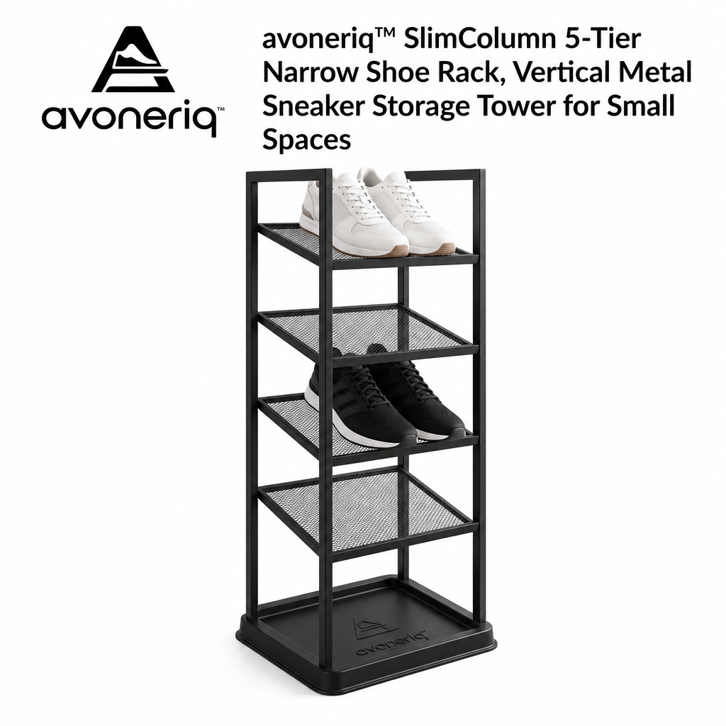 avoneriq™ SlimColumn 5-Tier Narrow Shoe Rack, Vertical Metal Sneaker Storage Tower for Small Spaces