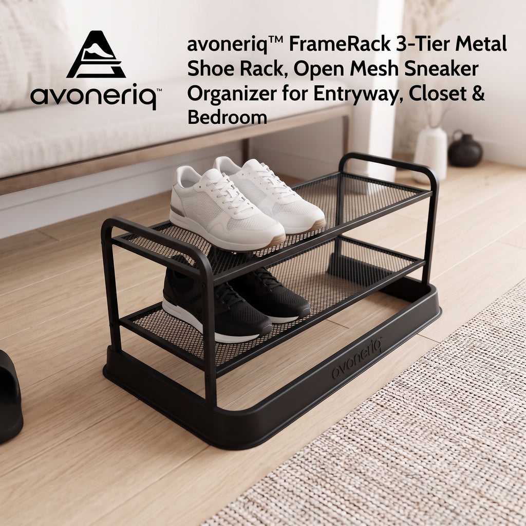 avoneriq™ FrameRack 3-Tier Metal Shoe Rack, Open Mesh Sneaker Organizer for Entryway, Closet & Bedroom