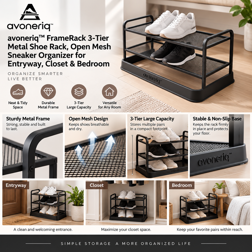avoneriq™ FrameRack 3-Tier Metal Shoe Rack, Open Mesh Sneaker Organizer for Entryway, Closet & Bedroom
