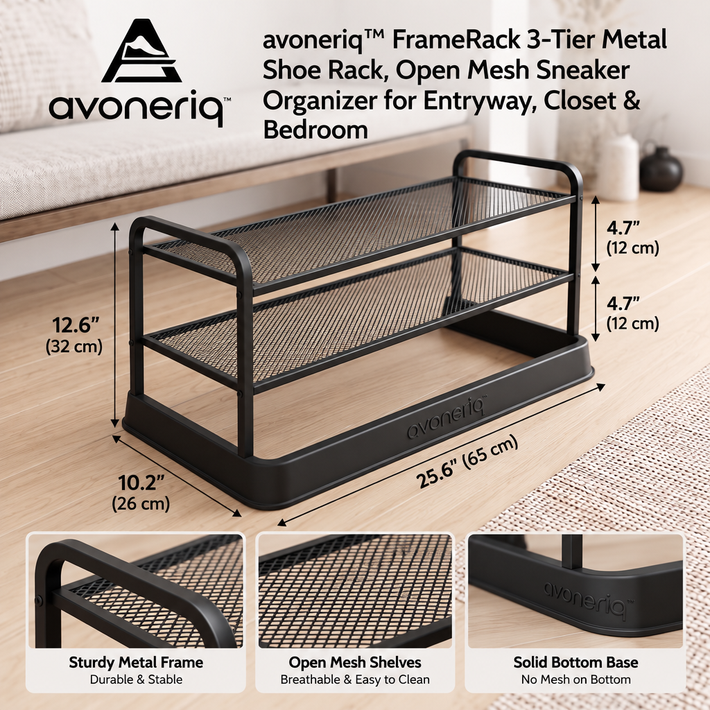 avoneriq™ FrameRack 3-Tier Metal Shoe Rack, Open Mesh Sneaker Organizer for Entryway, Closet & Bedroom