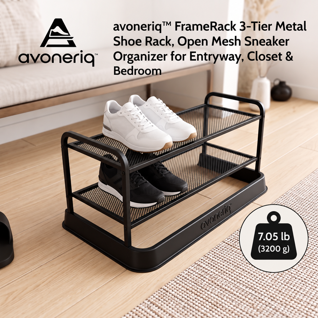 avoneriq™ FrameRack 3-Tier Metal Shoe Rack, Open Mesh Sneaker Organizer for Entryway, Closet & Bedroom