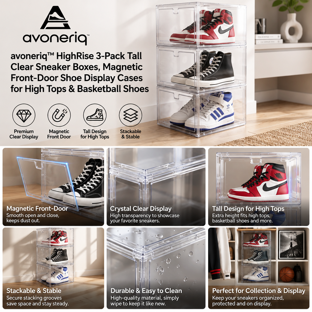 avoneriq™ HighRise 3-Pack Tall Clear Sneaker Boxes, Magnetic Front-Door Shoe Display Cases for High Tops & Basketball Shoes